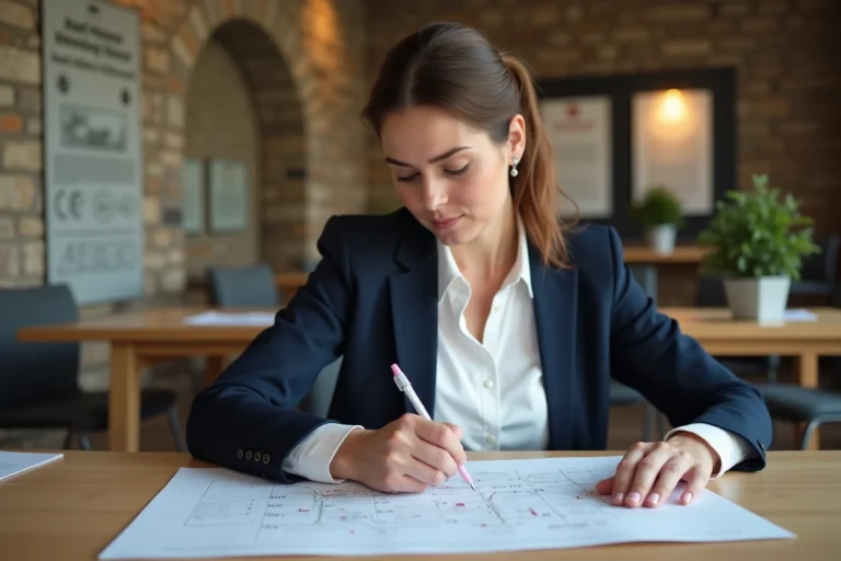 Femme d'âge moyen esquissant un sitemap dans un bureau historique