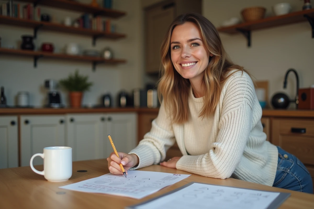 Femme souriante résolvant un test psychométrique à la maison