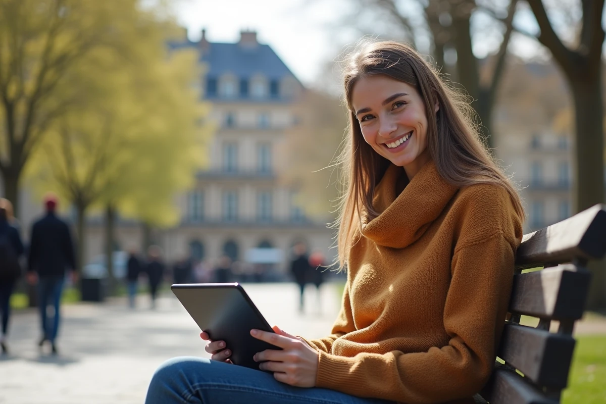 Femme souriante avec une tablette dans un parc parisien au printemps