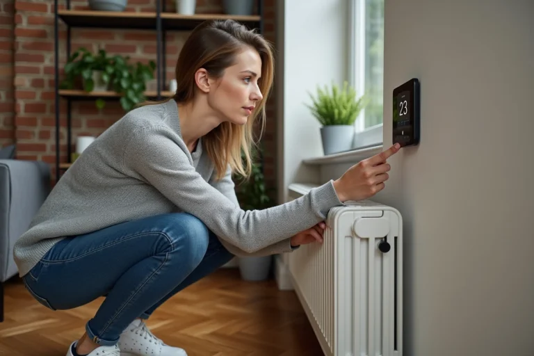Femme ajustant un thermostat intelligent pour optimiser la consommation énergétique de son logement