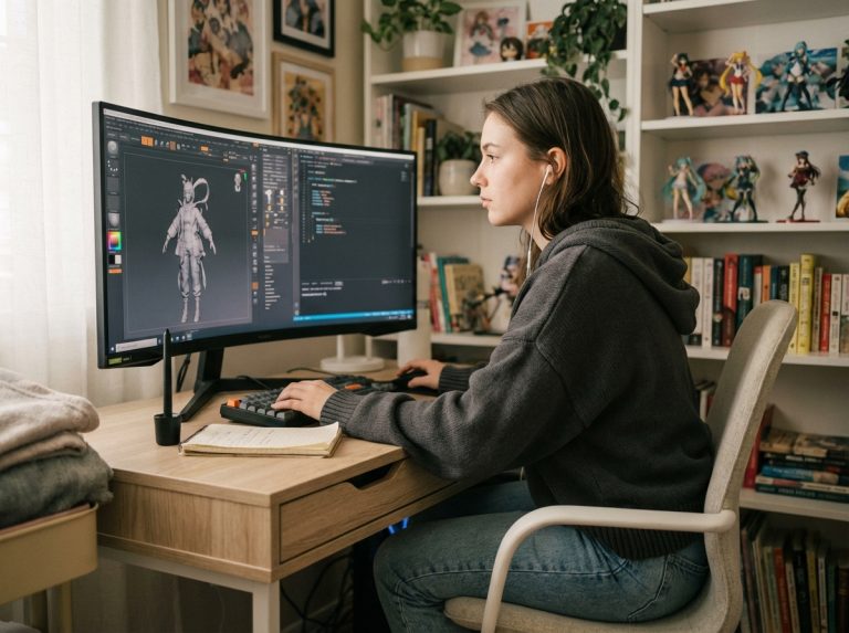 Jeune femme concentrée sur son ordinateur en home studio