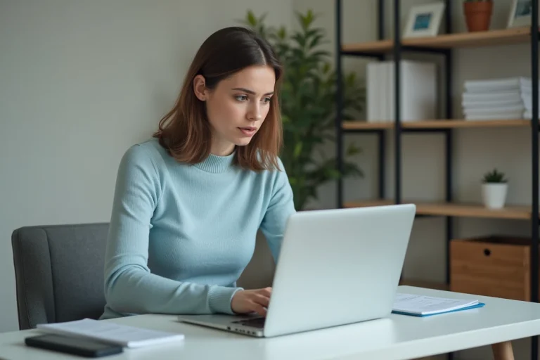 Femme concentrée travaillant sur son ordinateur dans un bureau moderne
