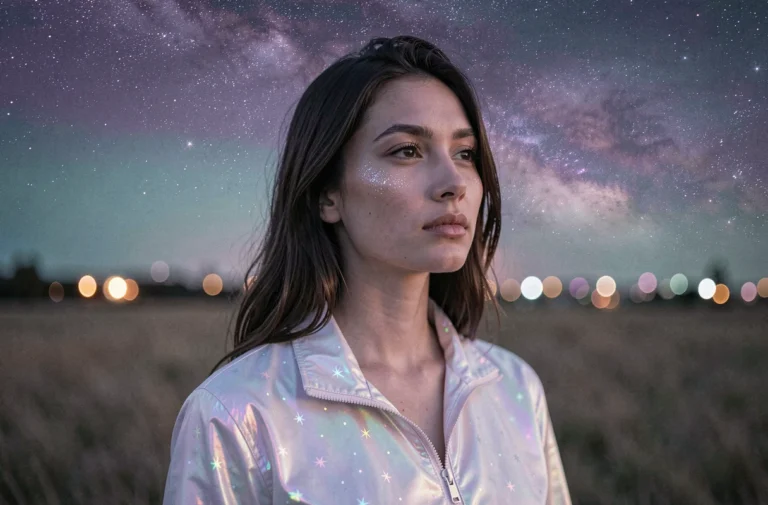Femme portant une veste holographique sous un ciel étoilé évoquant l'univers de la Licorne Cosmique