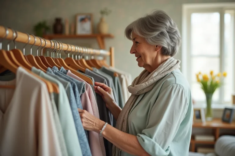Femme de 75 ans choisissant des vêtements dans une chambre lumineuse