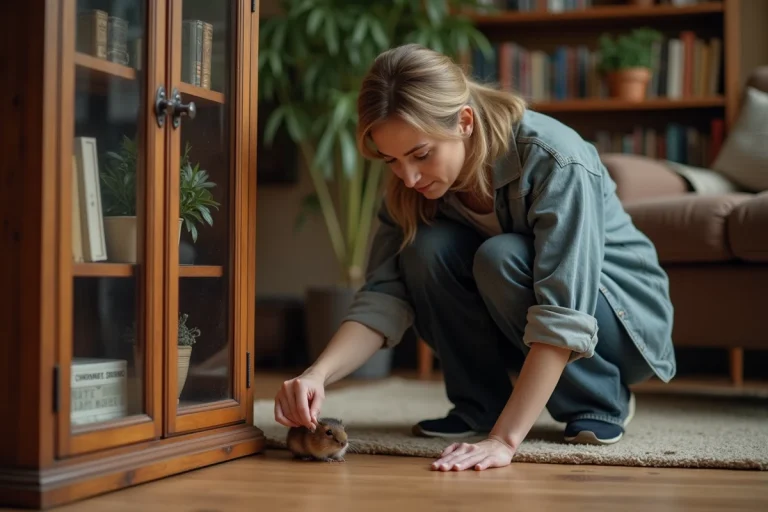 Femme kneeling observant une petite souris dans un salon chaleureux