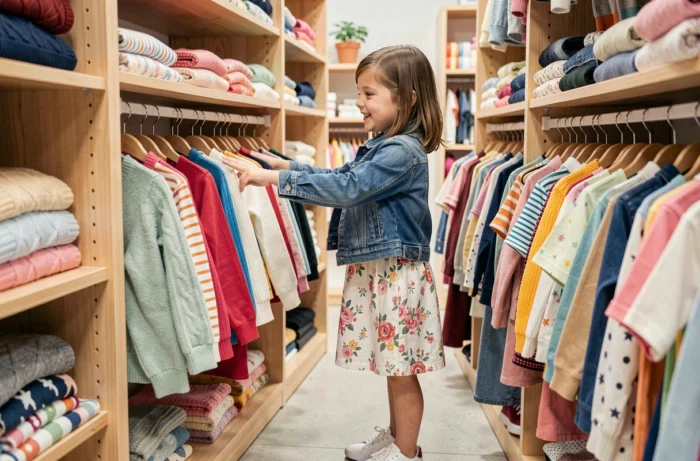 Jeune fille de 10 ans choisissant des habits tendance dans une boutique de vêtements pour enfants