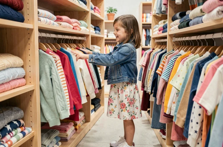 Jeune fille de 10 ans choisissant des habits tendance dans une boutique de vêtements pour enfants