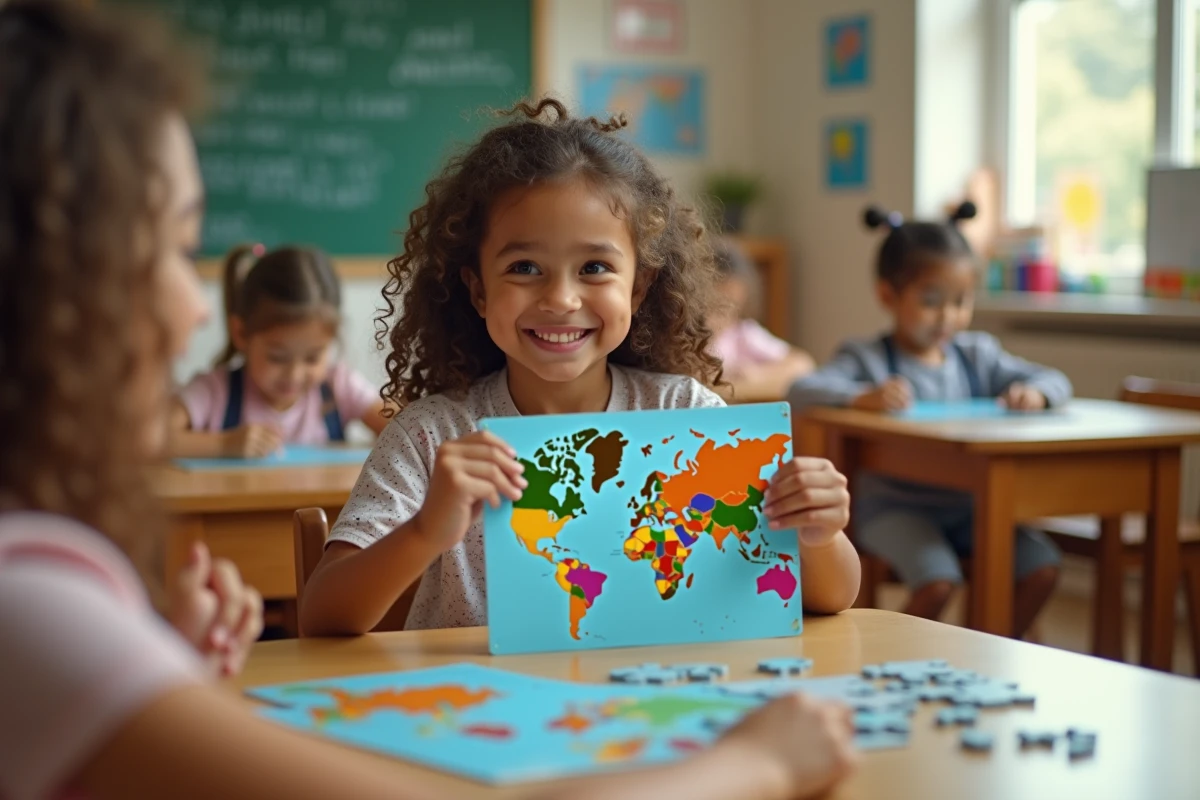 Fille de 8 ans montre un puzzle de la carte du monde à l