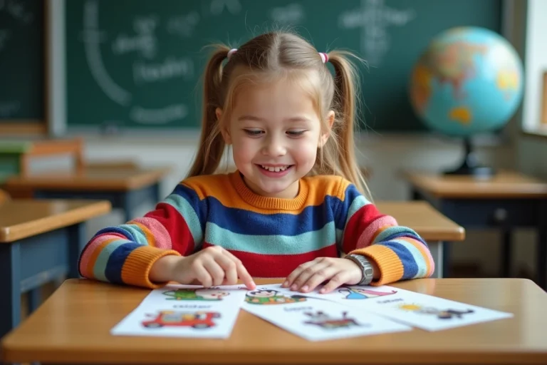 Jeune fille souriante en classe avec cartes des saisons