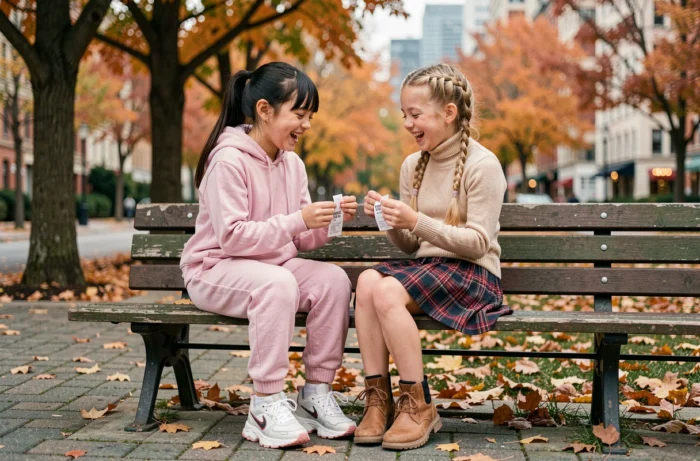 Deux filles de 10 ans comparant leurs tenues tendance sur un banc dans un parc en automne