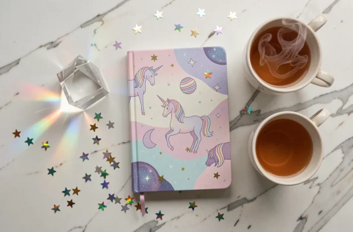 Mise en scène à plat avec carnets et étoiles iridescentes inspirés de l'univers Licorne Cosmique