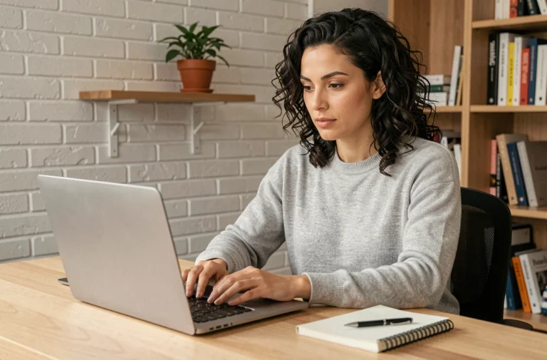 Femme se formant aux métiers du digital via un cours en ligne sur son ordinateur portable dans un bureau à domicile
