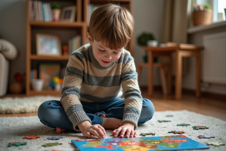 Garçon de 6 ans assemble un puzzle coloré dans le salon