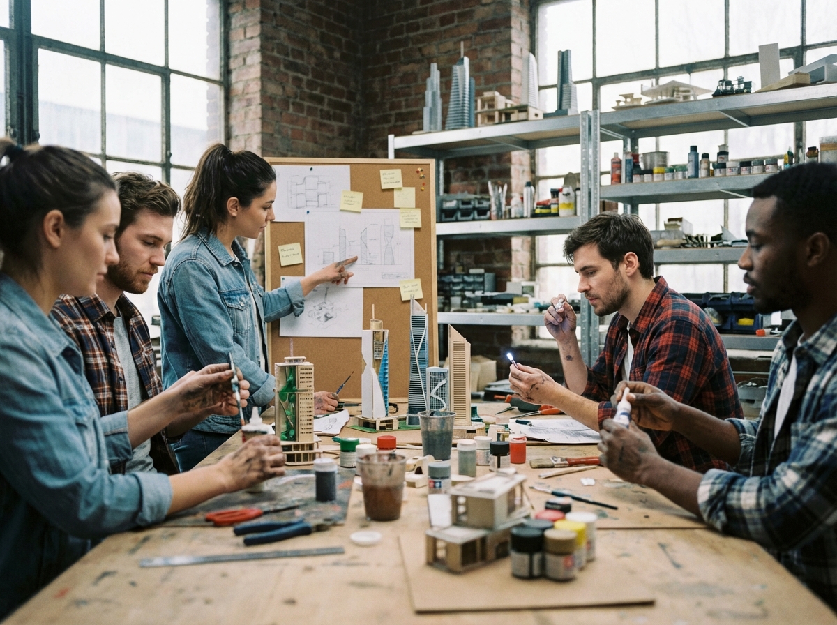 Groupe de jeunes assemble une maquette de ville futuriste