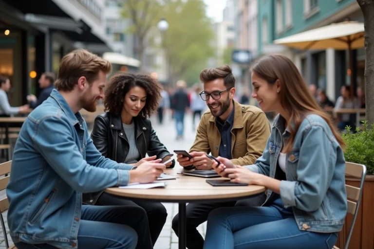 Groupe de jeunes adultes discutant avec smartphones en ville