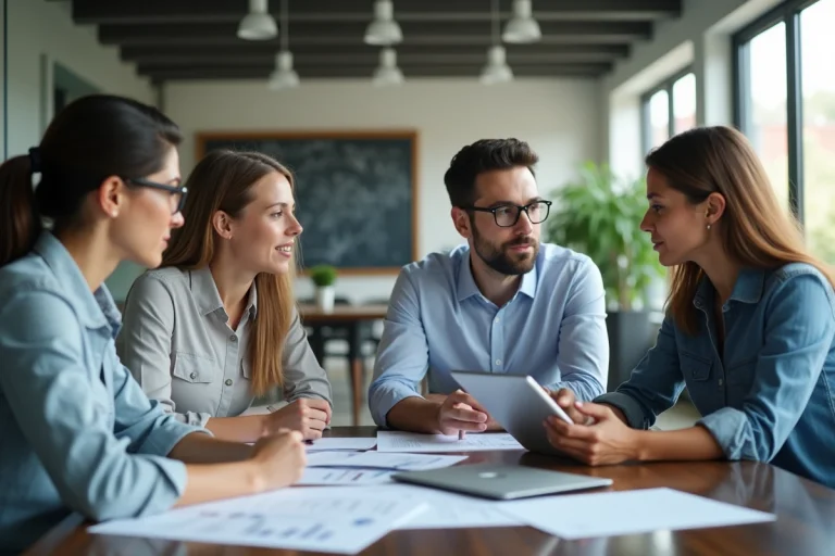 Groupe de professionnels en réunion dans un bureau lumineux