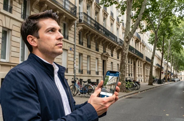Homme utilisant une application immobilière sur smartphone devant un immeuble dans une rue parisienne