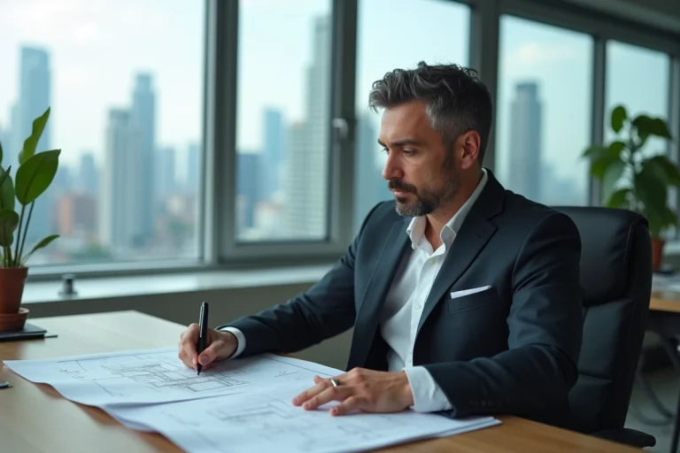 Homme d'affaires étudiant des plans architecturaux dans un bureau moderne