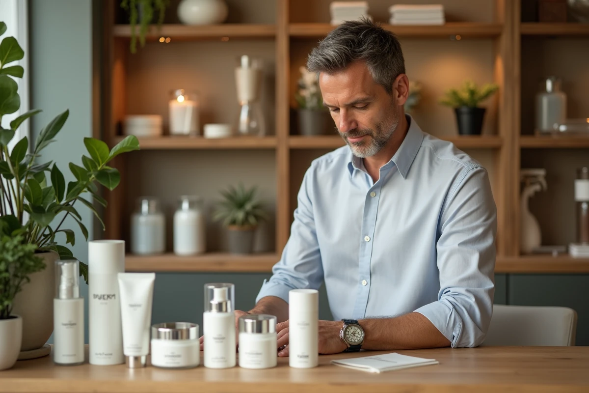 Homme examinant des produits de soin en boutique cosmétique