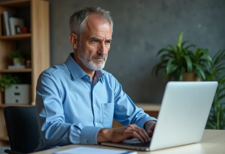 Homme d'âge moyen au bureau regardant son ordinateur