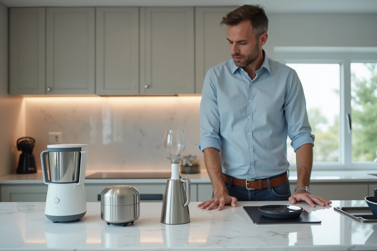 Homme examinant des appareils de cuisine modernes sur un plan de travail