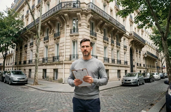 Homme évaluant un immeuble de rapport dans une rue parisienne typique pour optimiser son patrimoine immobilier