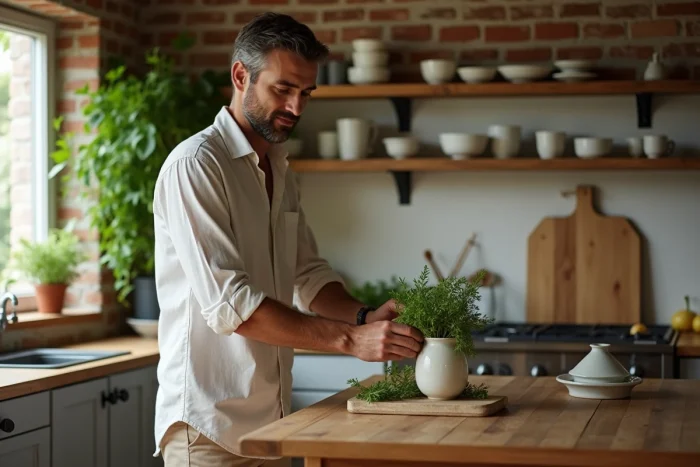 Homme arrangeant des herbes fraîches dans une cuisine rustique en céramique pour une vie quotidienne créative