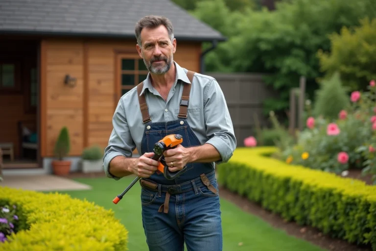 Homme d'âge moyen compare deux taille-haies dans son jardin