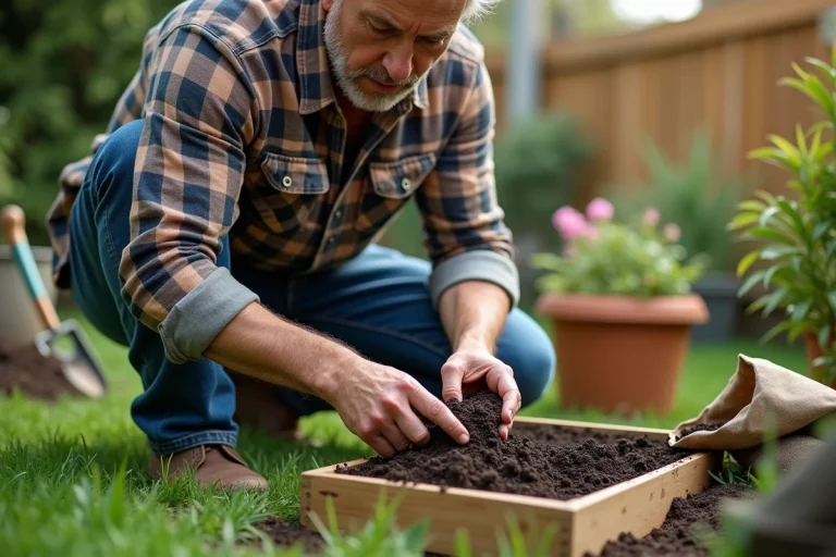 Homme d'âge moyen dans un jardin en train de remplir un plateau de semis