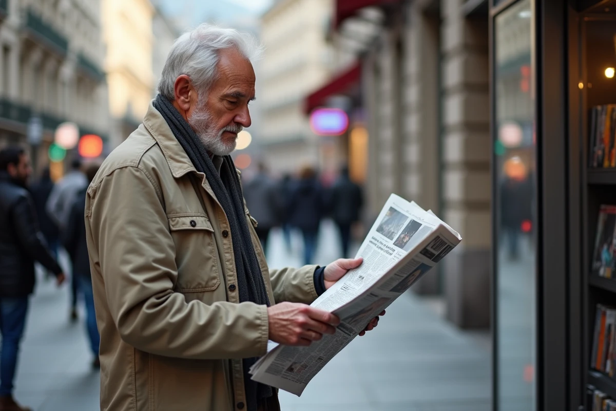 Homme d age lisant un journal dans la rue urbaine