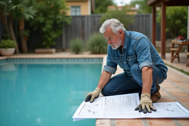 Homme en vêtements de travail examine un plan de piscine