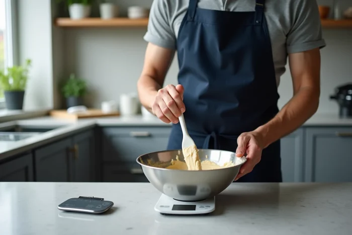 Homme incorporant délicatement la pâte à gâteau dans un bol inox avec une balance de cuisine numérique au premier plan