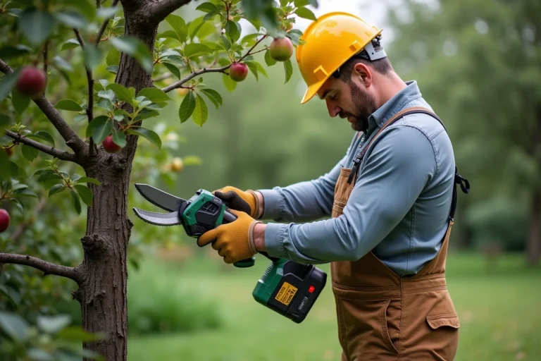 Homme d'âge moyen taillant un arbre fruitier dans un jardin