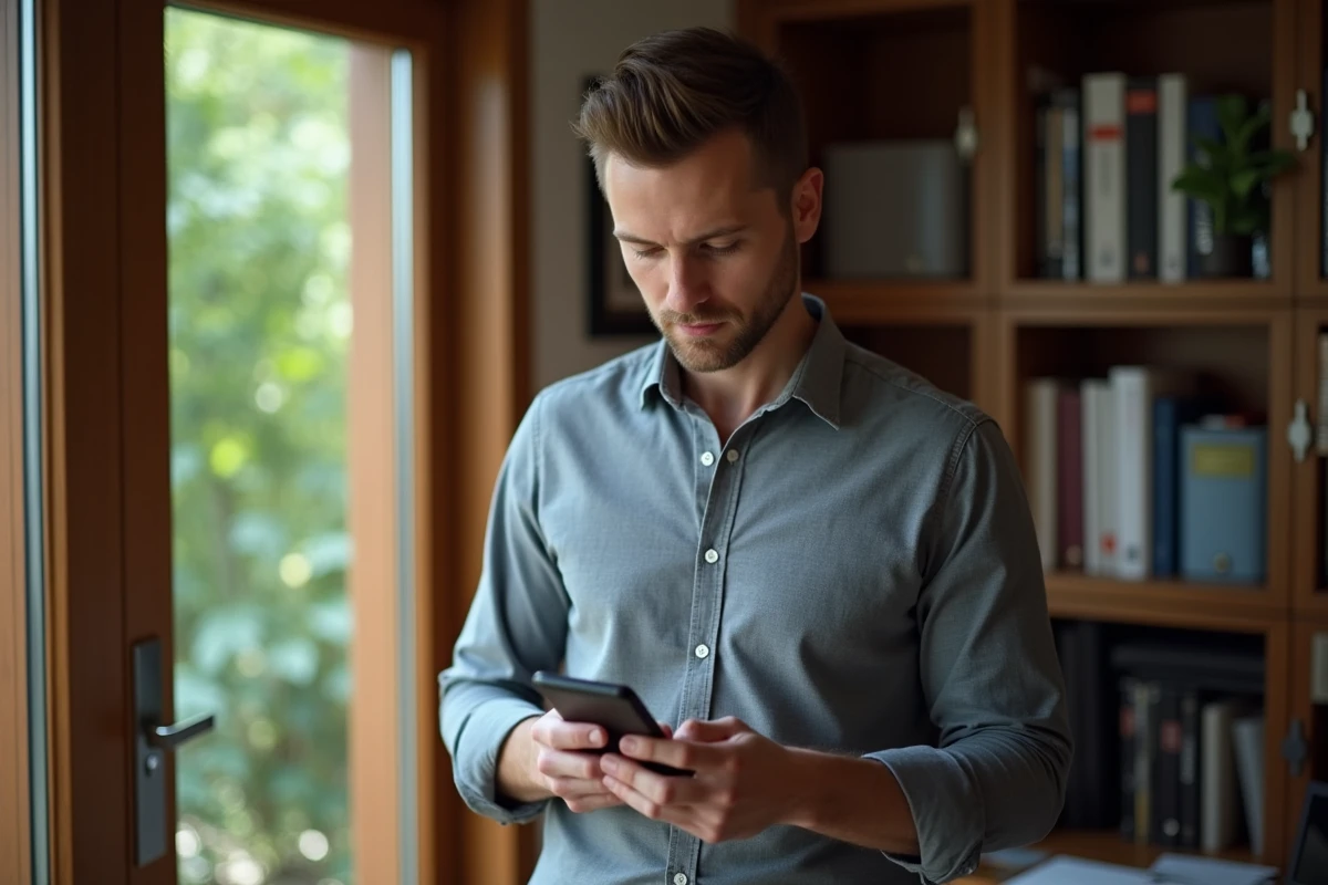 Homme utilisant son smartphone dans un bureau calme