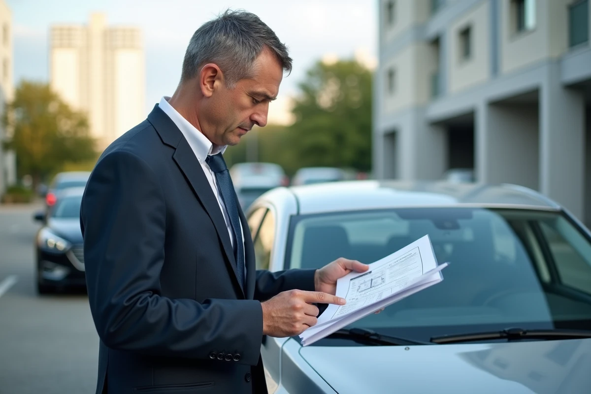 Homme vérifiant un rapport de voiture dans un parking urbain