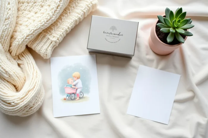 Assortiment de cadeaux originaux pour un baptême disposés en flat lay sur lin blanc