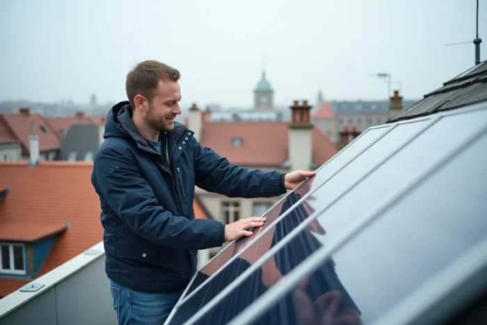 Technicien inspectant des panneaux solaires installés sur un toit pour améliorer l'efficacité énergétique d'un logement