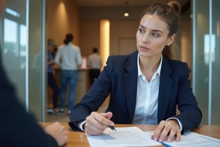 Jeune femme en blazer bleu étudiant ses papiers dans une banque