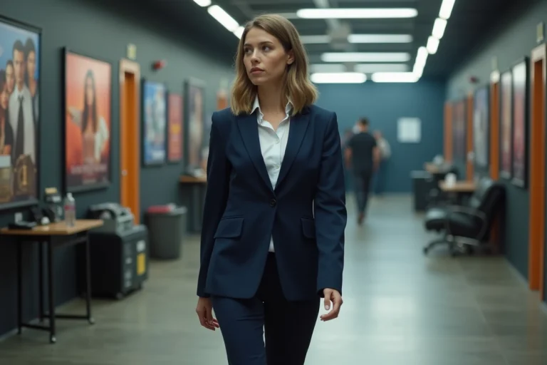 Jeune femme en costume dans un studio de cinéma