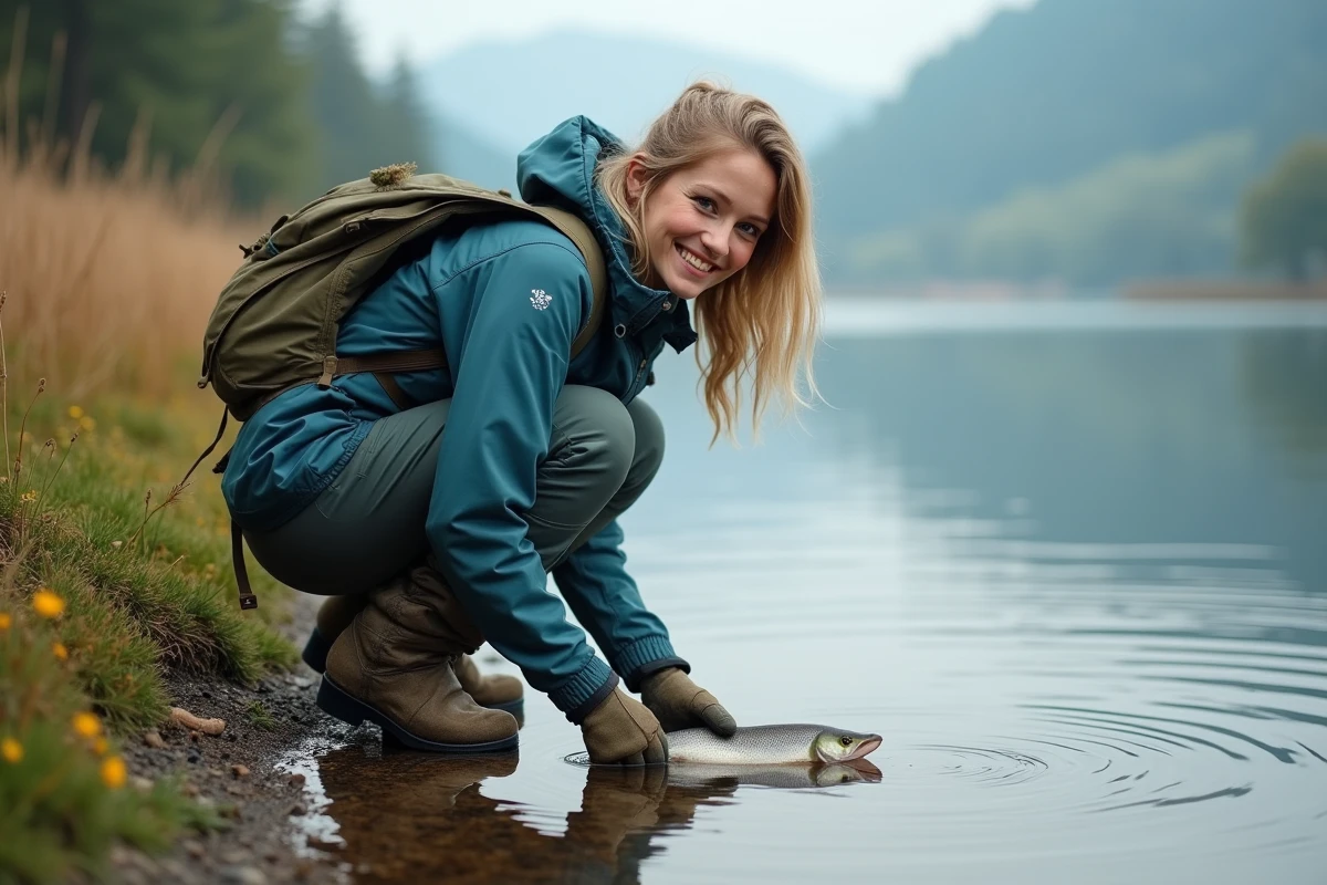 Jeune femme relâchant un poisson dans le lac