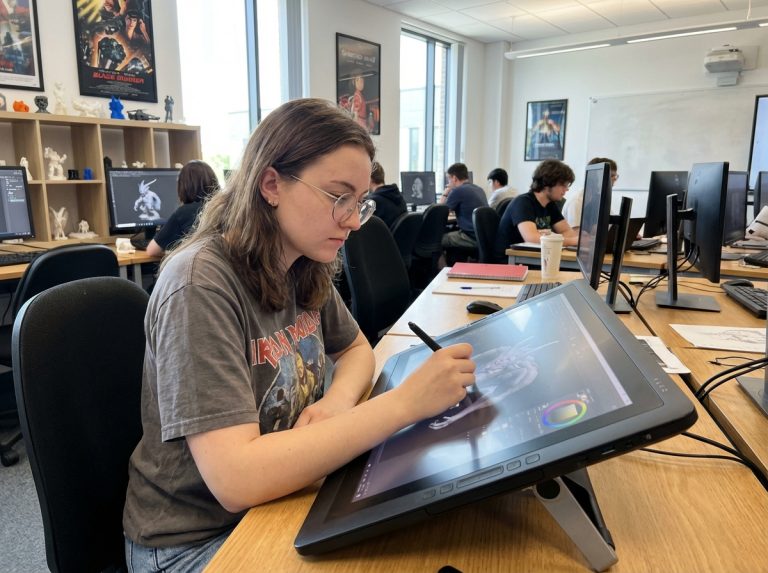 Jeune femme en t-shirt graphique sculpte un creature digitale