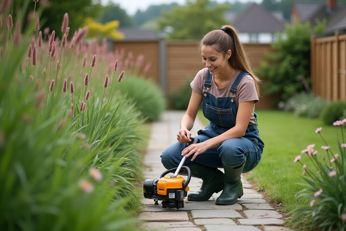 Jeune femme en tenue de jardinage assemble un taille-haies moderne