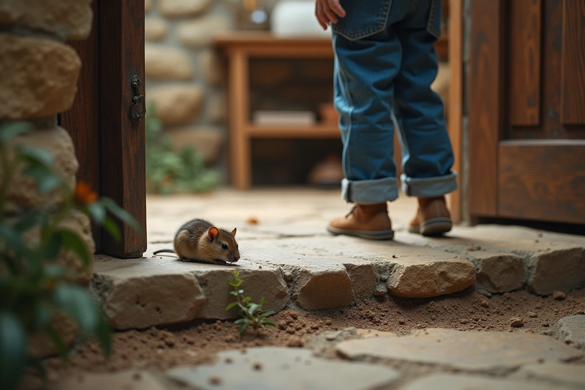 Jeune garçon avec jeans regardant une souris sur une marche en pierre