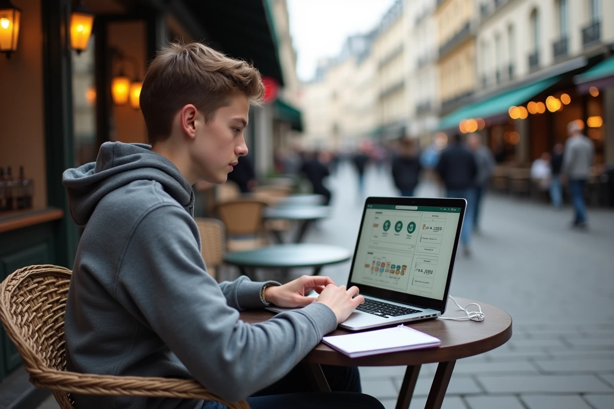 Jeune homme au café parisien regardant ses comparatifs bancaires