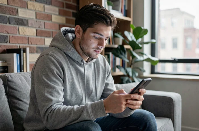 Jeune homme consultant une demande de crédit personnel sur son smartphone dans son appartement