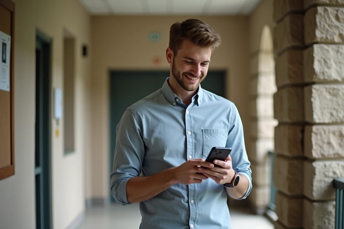 Jeune homme dans un couloir universitaire avec smartphone