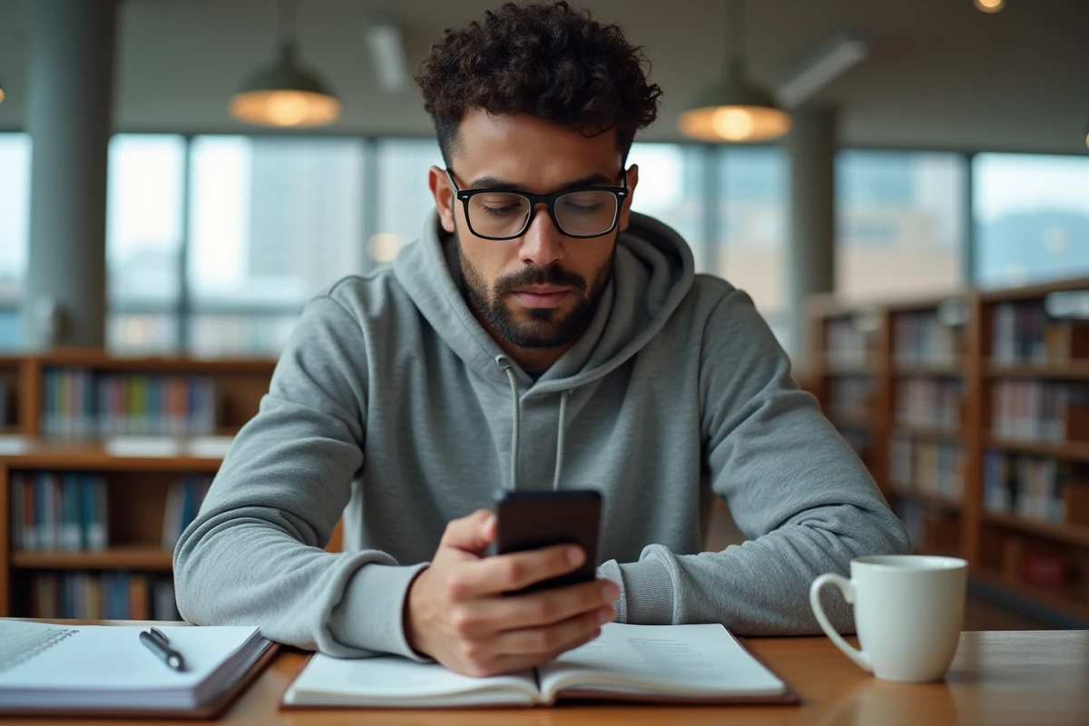 Jeune homme lisant un smartphone dans une bibliothèque publique