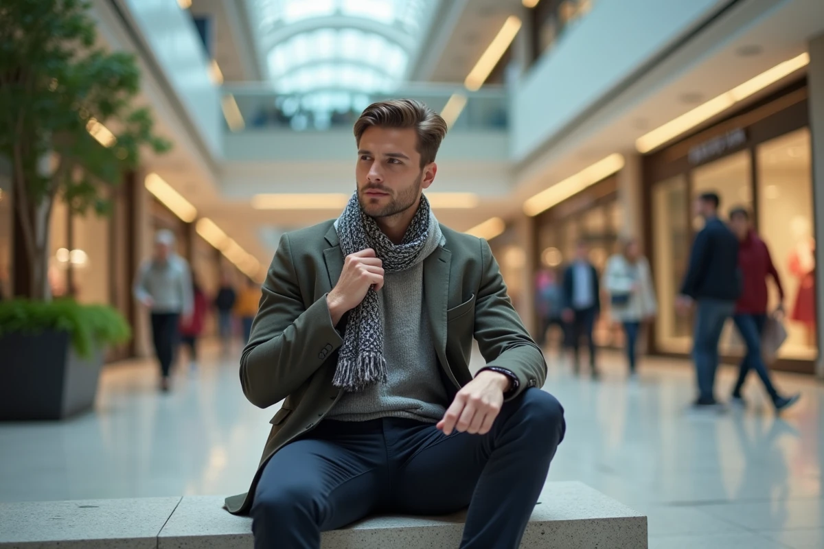 Jeune homme ajustant une écharpe dans un centre commercial