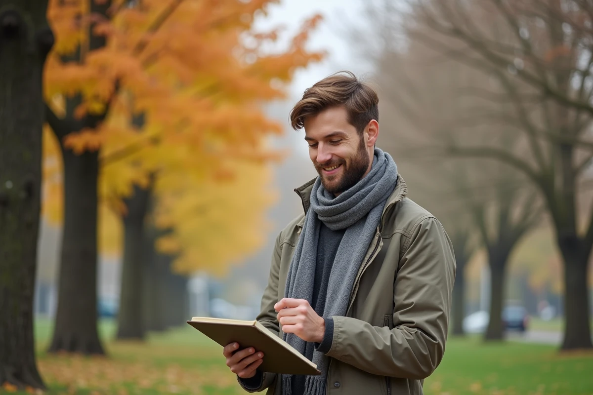 Jeune homme avec carnet dans un parc aux quatre saisons