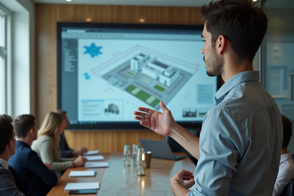 Jeune homme expliquant un plan de site sur un écran mural
